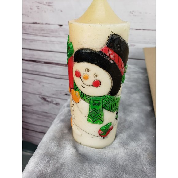 Vintage Snowman Pillar candle detailed little kid christmas present snow trees - Picture 9 of 9
